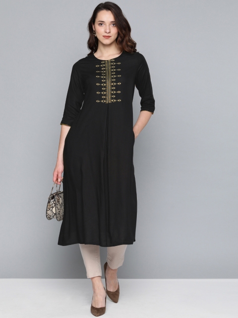 

HERE&NOW Women Black & Golden Yoke Design A-Line Kurta