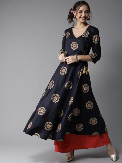 

HERE&NOW Women Navy Blue & Golden Printed Angrakha A-Line Kurta