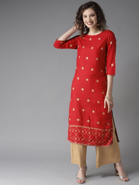 

HERE&NOW Women Maroon & Golden Floral Print Straight Kurta
