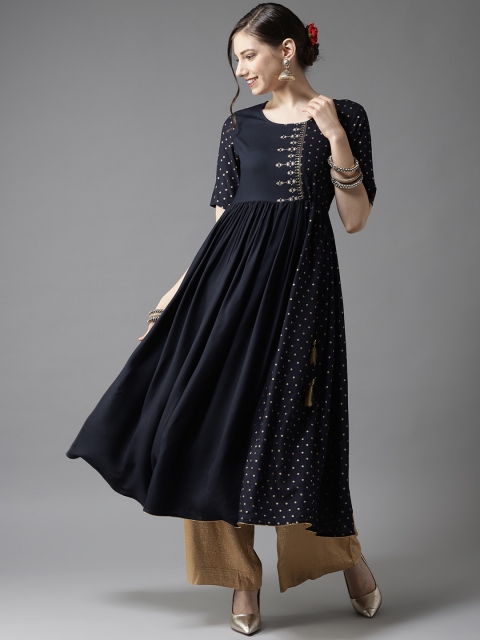 

HERE&NOW Women Navy Blue & Golden Printed A-Line Kurta