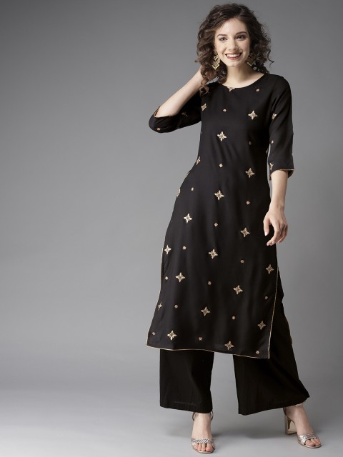 

HERE&NOW Women Black & Golden Floral Print Straight Kurta