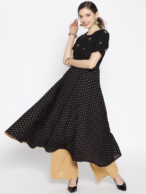 

HERE&NOW Women Black & Golden Printed Empire Anarkali Kurta