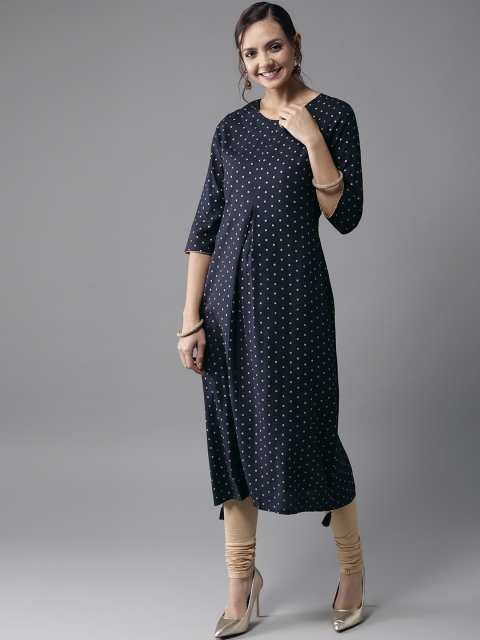 

HERE&NOW Women Navy Blue & Golden Printed A-Line Kurta