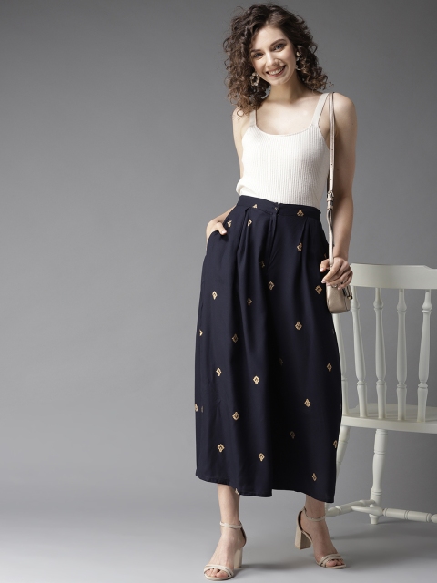 

HERE&NOW Women Navy Blue & Golden Printed Cropped Wide Leg Palazzos