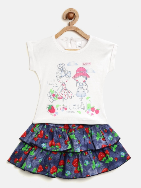 

Olio Kids Girls White & Navy Blue Printed Top with Skirt