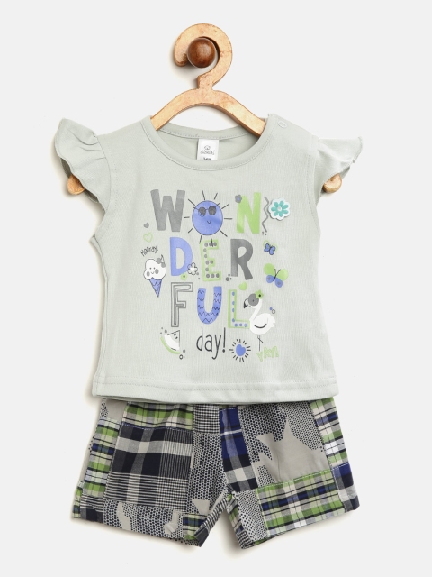 

Olio Kids Girls Grey & Navy Blue Printed Top with Checked Shorts