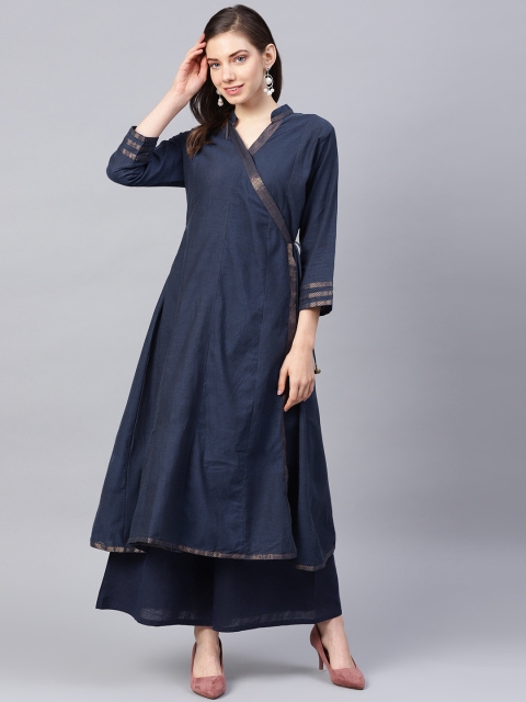 

Bhama Couture Women Navy Blue Solid Angrakha A-Line Kurta with Palazzos