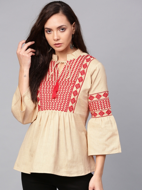

Bhama Couture Women Beige & Red Embroidered Cotton A-Line Top