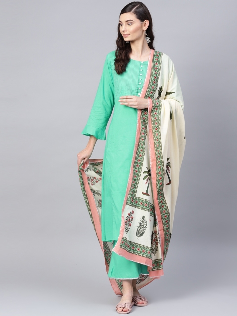 

Bhama Couture Women Green & Cream-Coloured Yoke Design Kurta with Palazzos & Dupatta