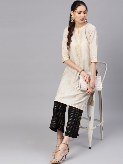 

Libas Women Beige & Golden Block Print Straight Kurta
