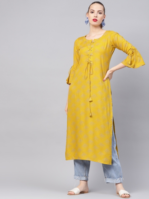 

Libas Women Mustard Yellow & Blue Printed Straight Kurta