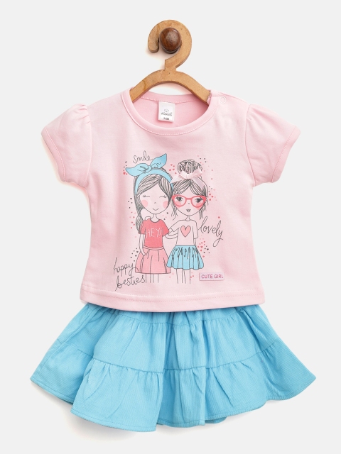 

Olio Kids Girls Pink & Blue Printed T-shirt with Skirt