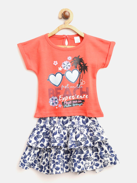 

Olio Kids Girls Red & Blue Printed T-shirt with Skirt