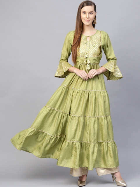 

Varanga Women Green & Golden Yoke Design Tiered Silk A-Line Kurta
