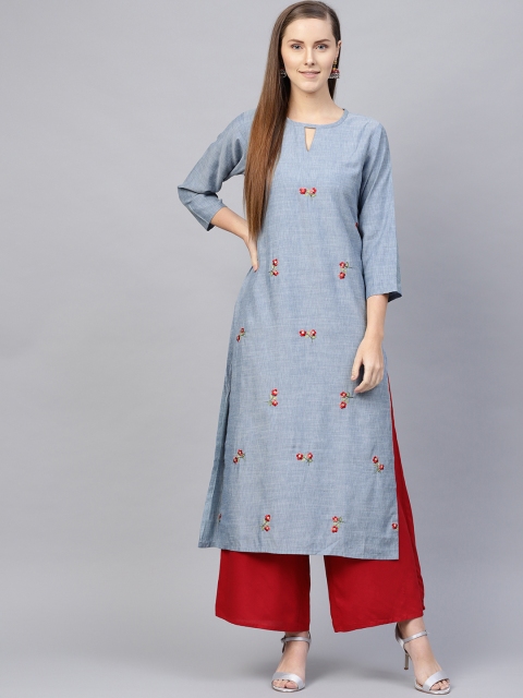 

Varanga Women Blue & Pink Floral Embroidered Straight Kurta