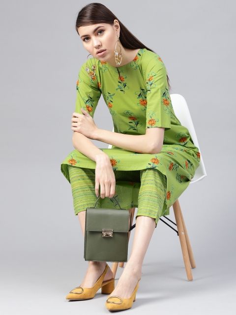 

Libas Women Green & Orange Printed Kurta with Trousers