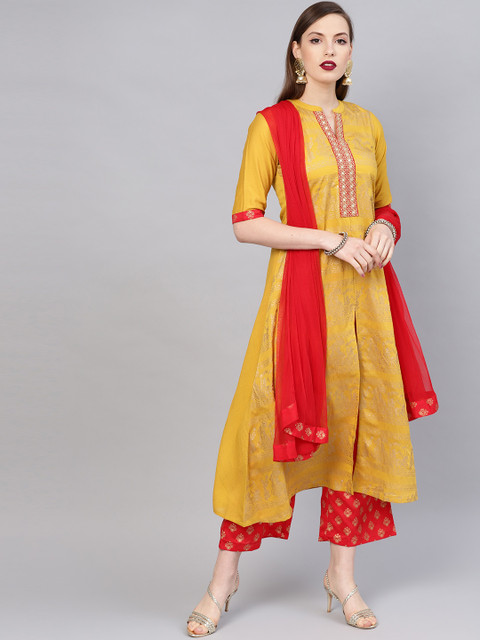 

Libas Women Mustard Yellow & Red Block Print Kurta with Trousers & Dupatta