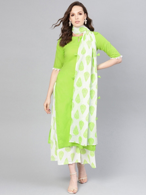 

Libas Women Lime Green & White Solid Kurta with Palazzos & Dupatta