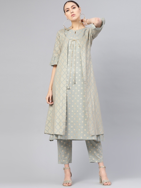 

Libas Women Grey & Gold-Toned Printed Kurta with Trousers & Ethnic Jacket