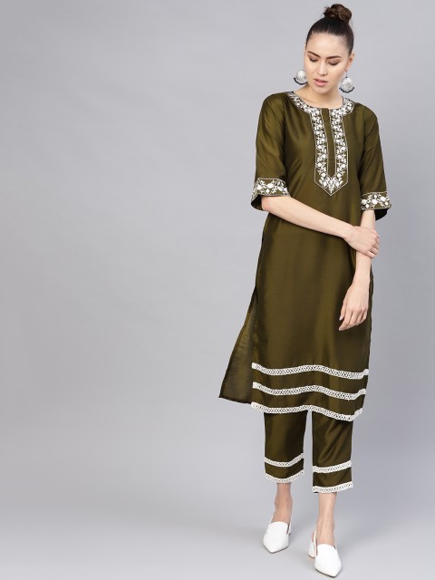 

Libas Women Olive Green Yoke Design Kurta with Trousers