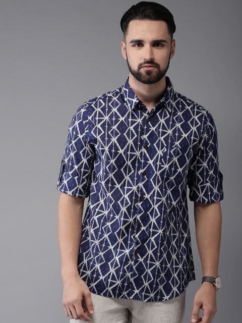 

Anouk Men Navy Blue & Beige Regular Fit Printed Casual Shirt