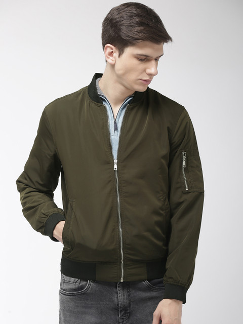 

Celio Men Olive Green Solid Bomber Jacket