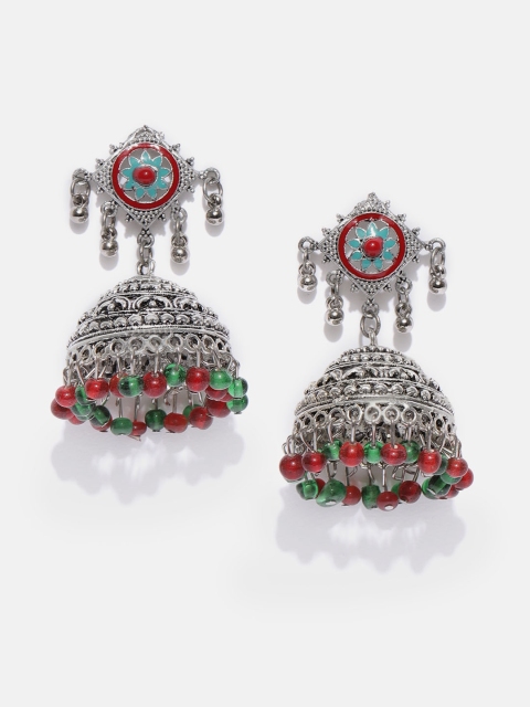

Anouk Red & Green Oxidized Silver-Plated Handcrafted Dome Shaped Jhumkas