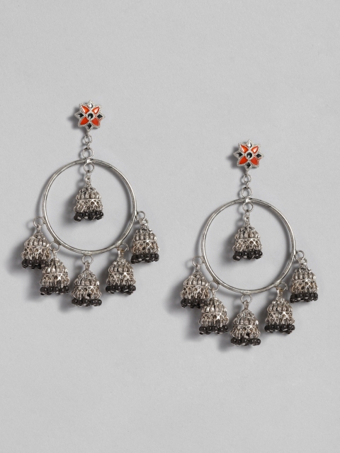 

Anouk Black & Orange Oxidised Silver-Plated Stone-Studded & Beaded Drop Earrings