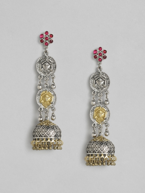 

Anouk Oxidized Gold-Toned Silver-Plated Temple Handcrafted Jhumkas