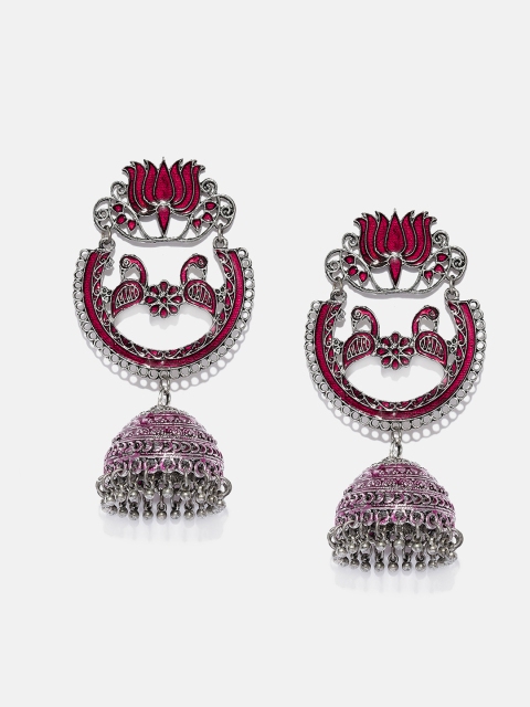 

Anouk Silver-Plated & Red Dome Shaped Oxidised Jhumkas