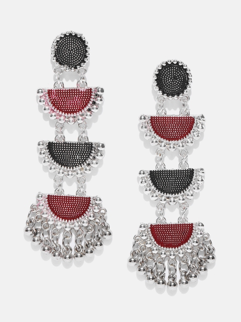 

Anouk Maroon & Black Silver-Plated Meenakari Geometric Drop Earrings