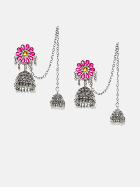 

Anouk Women Silver-Toned & Pink Dome Shaped Jhumkas