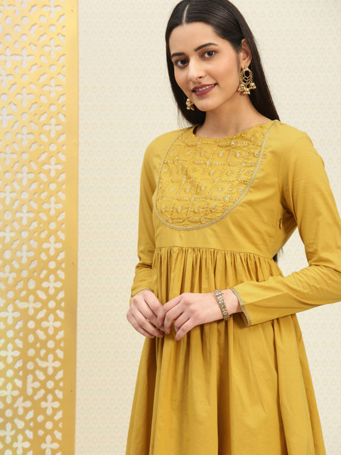 

House of Pataudi Women Mustard Embroidered A-Line Kurta