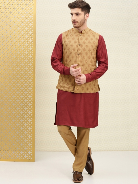 

House of Pataudi Men Beige Embroidered Nehru Jacket