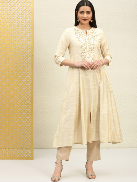 

House of Pataudi Women Cream-Coloured & Gold-Toned Embroidered A-Line Kurta