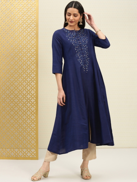 

House of Pataudi Women Blue & Gold Toned Embroidered A-Line Kurta