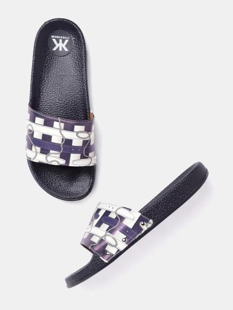 

Kook N Keech Women Navy Blue & Off-White Printed Open Toe Sliders