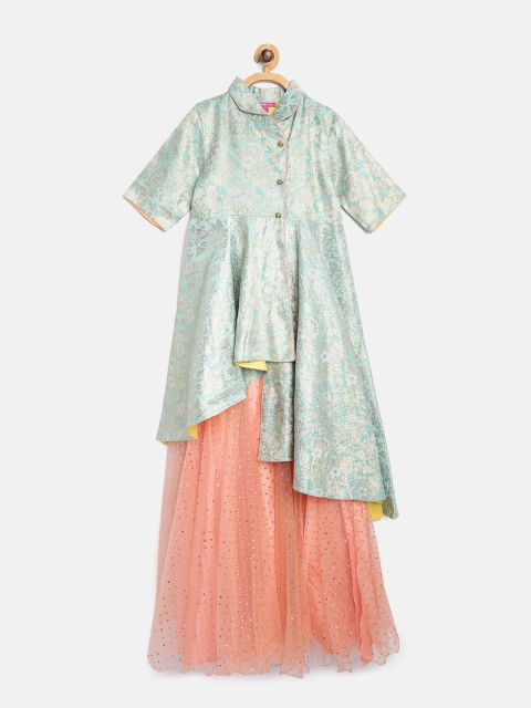 

Biba Girls Green & Peach-Coloured Self Design Pleated Kurta with Net Skirt