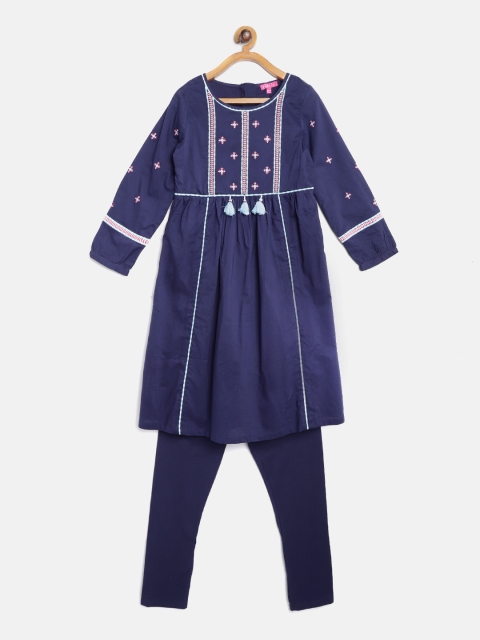 

Biba Girls Navy Blue Yoke Design Kurta with Churidar