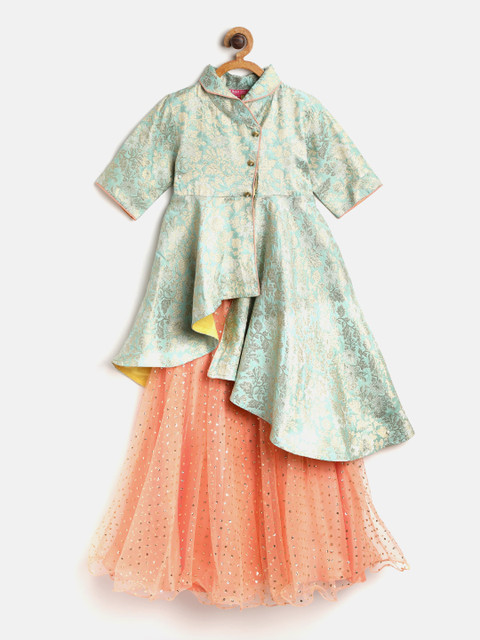 

Biba Girls Sea Green & Peach-Coloured Self-Design Kurta with Skirt