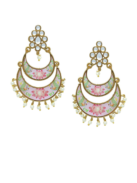 

Sia Art Jewellery Antique Gold-Plated & Pink Crescent Shaped Embellished Chandbalis