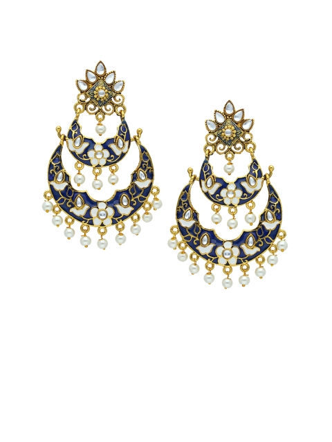 

Sia Art Jewellery Antique Gold-Plated & Navy Blue Embellished Crescent Shaped Chandbalis