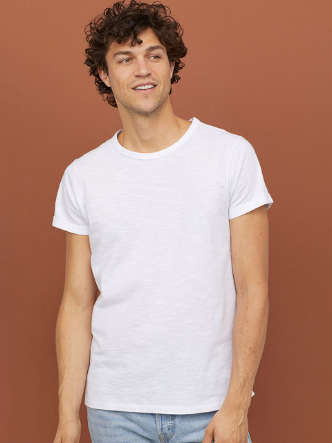 

H&M Men White Solid Slub Jersey T-shirt