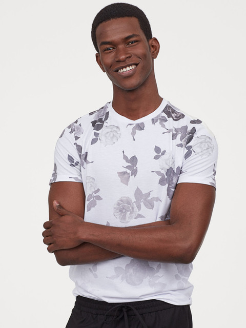 

H&M Men White Patterned T-shirt Muscle Fit