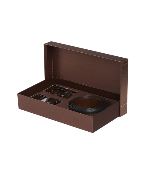 

Park Avenue Men Back & Brown Leather Textured Reversible Belt Gift Box, Black