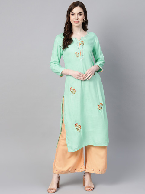 

Yufta Women Sea Green & Peach-Coloured Embroidered Kurta with Palazzos