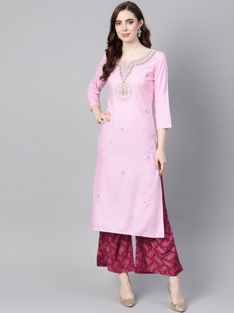 

Yufta Women Pink & Golden Embroidered Kurta with Palazzos