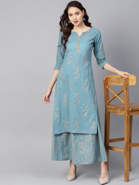 

Yufta Women Blue & Golden Printed Kurta with Skirt