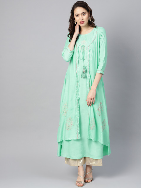 

Yufta Women Sea Green Handblock Print Layered A-Line Kurta
