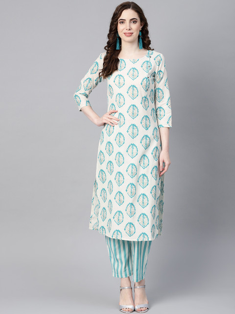 

Yufta Women Off-White & Blue Printed Kurta with Trousers